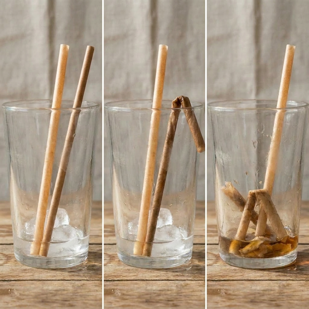Zeitraffer-Vergleich: nach 0, 5 und 10 Minuten bleibt der NoPlastiq Strohhalm aufrecht, der Pappstrohhalm kollabiert vollständig