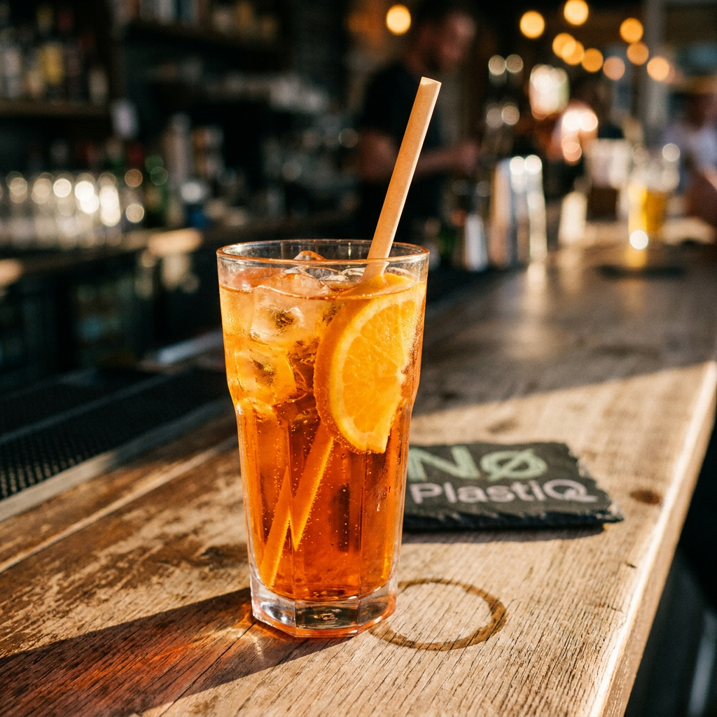 NoPlastiq Zuckerrohr-Strohhalm in einem Aperol Spritz auf einer Bartheke, daneben ein NoPlastiq-Untersetzer