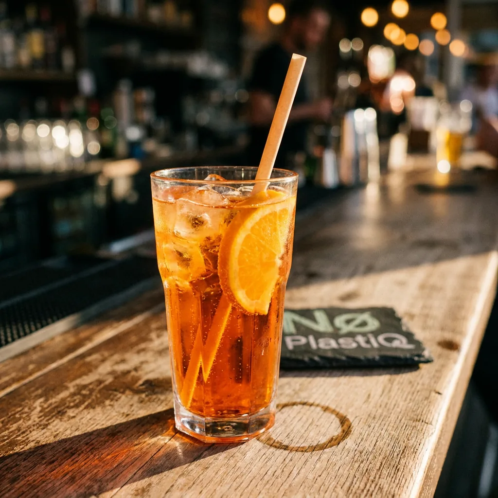 NoPlastiq Zuckerrohr-Strohhalm in einem Aperol Spritz auf einer Bartheke, daneben ein NoPlastiq-Untersetzer