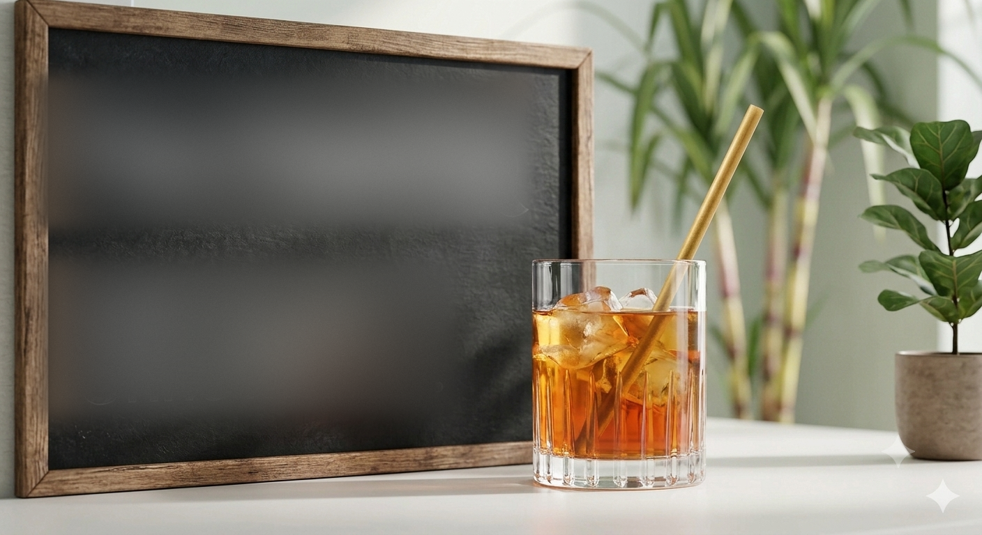 NoPlastiq Strohhalm in einem Glas mit Eis, im Hintergrund Pflanzen
