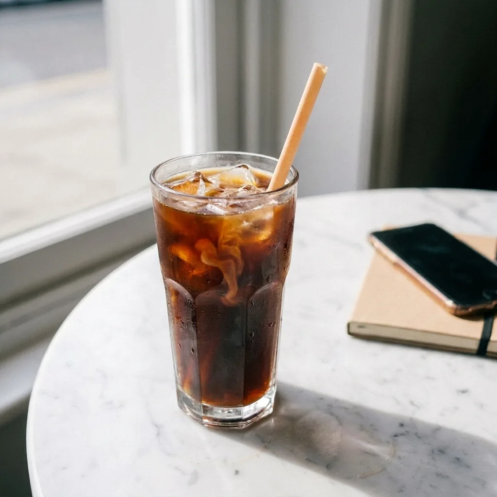 NoPlastiq Strohhalm in einem Cold Brew Kaffee auf einem Café-Tisch