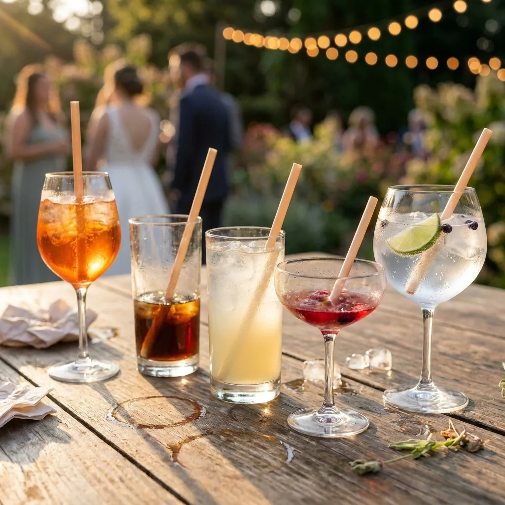 Mehrere Drinks mit NoPlastiq Strohhalmen auf einem Gartentisch bei einer Feier